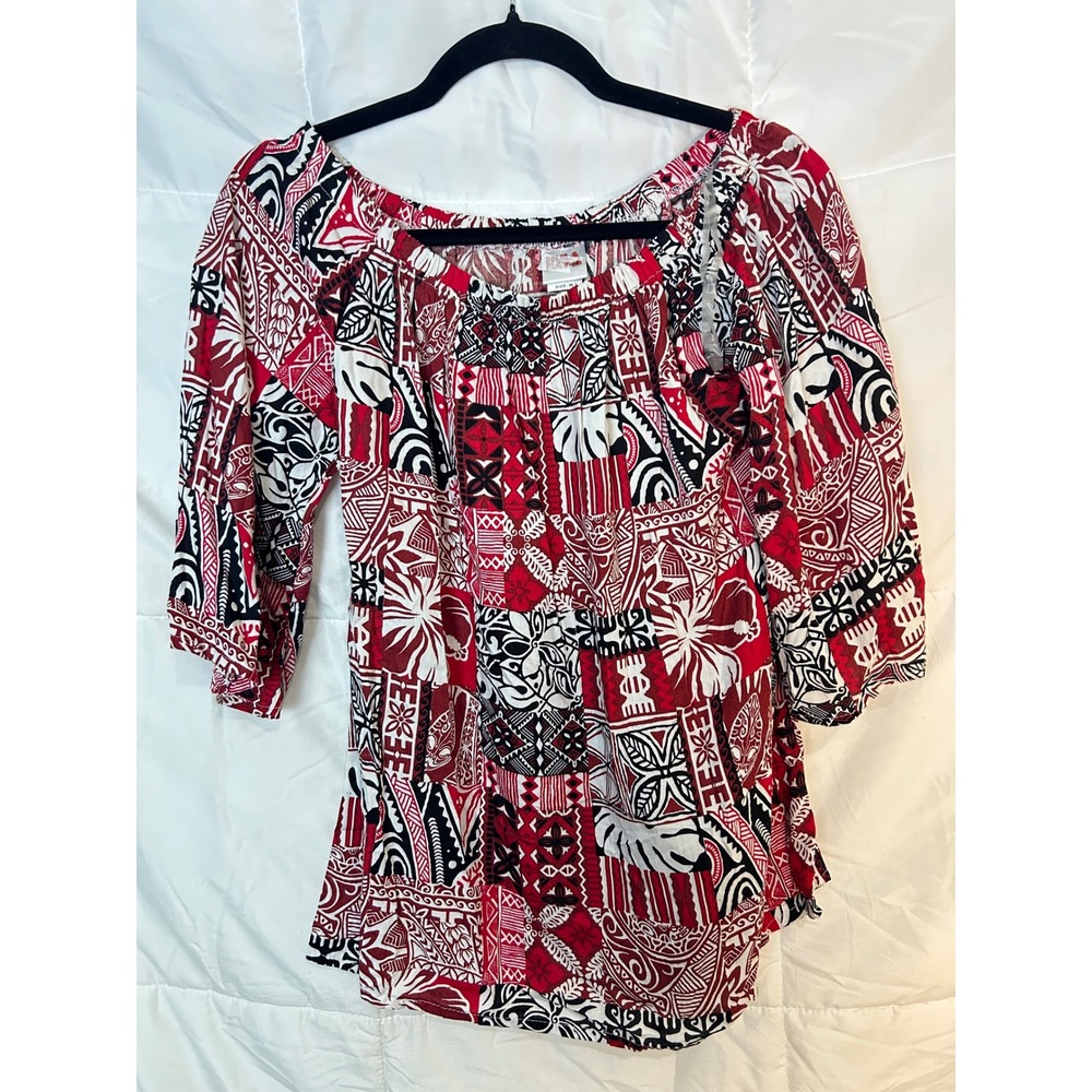 Hula Bay Womens M‎ 7 Off Shoulder 3/4 Sleeve Tribal Print Top Red Black White